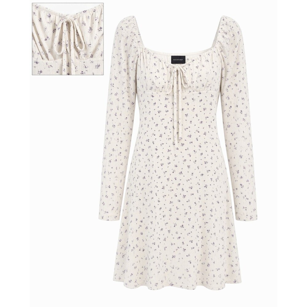 Hudson Gray Floral Pointelle Mini Dress Sz L White Lilac Milkmaid Cottage Skater